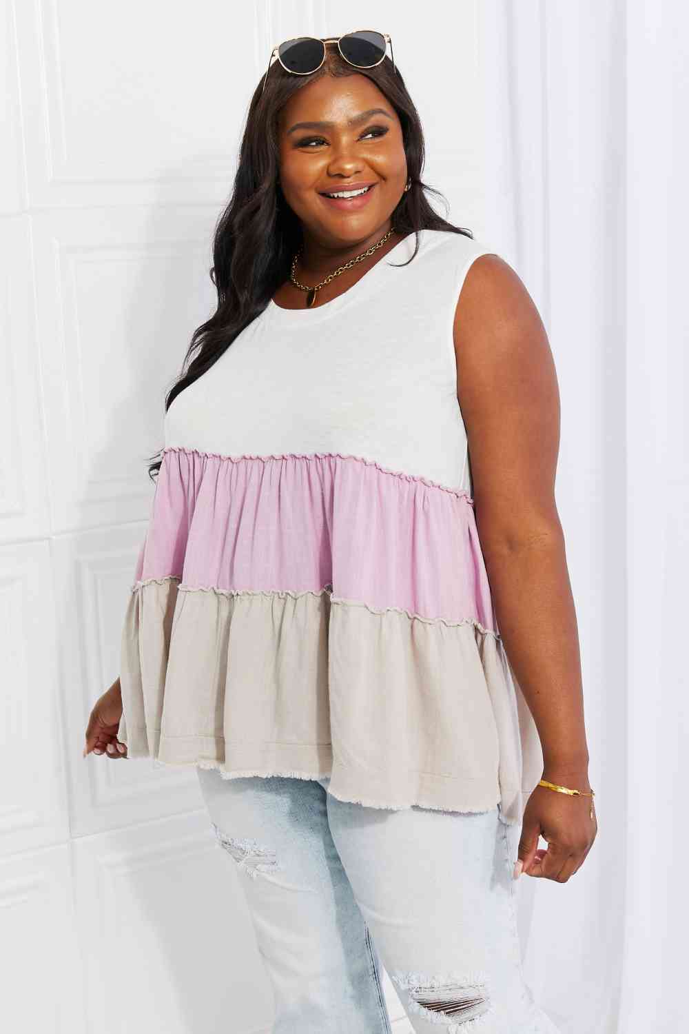 White Birch Full Size Watching the Sunset Color Block Babydoll Top - AllIn Computer