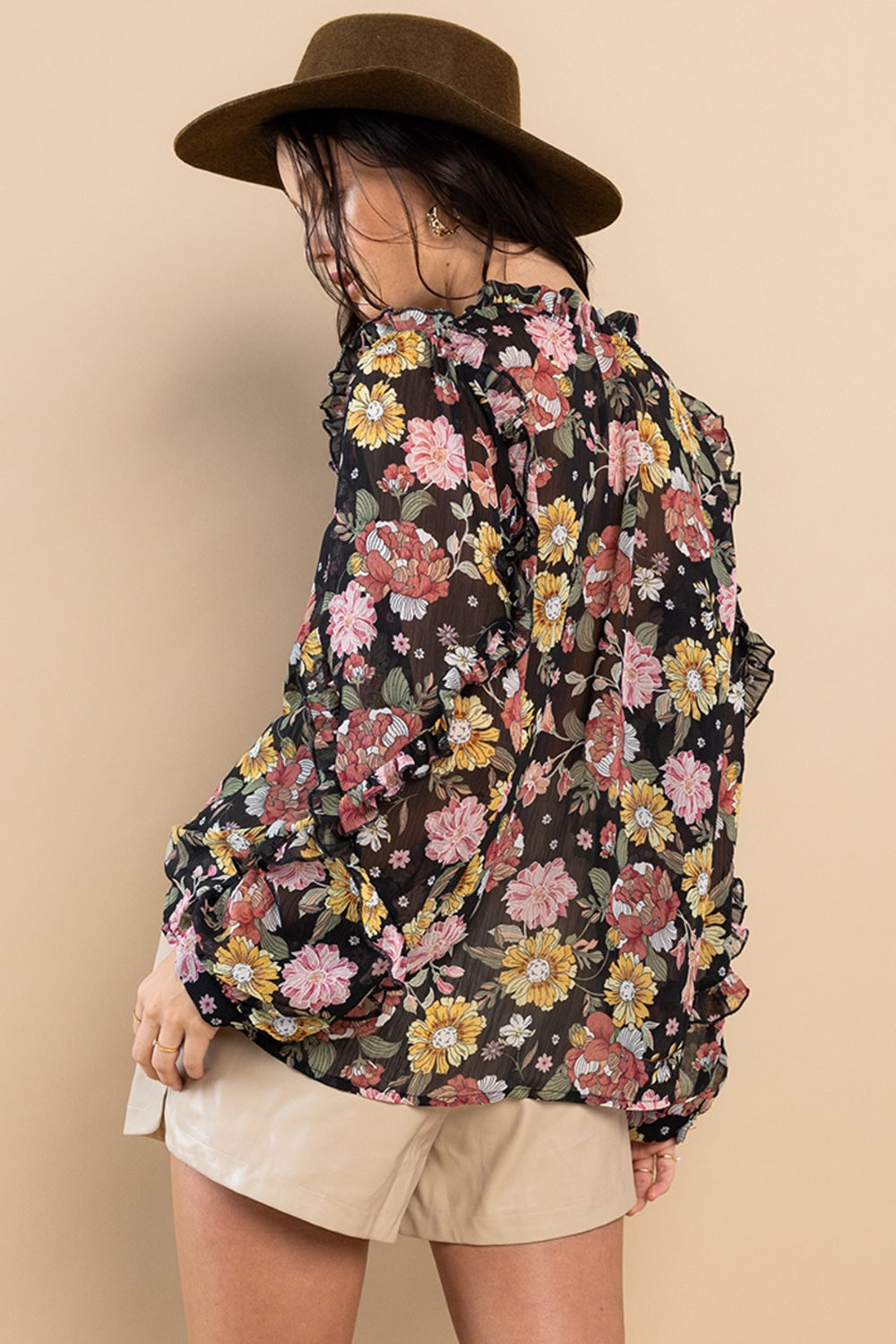 Ces Femme Ruffle Trim Long Sleeve Floral Blouse - AllIn Computer