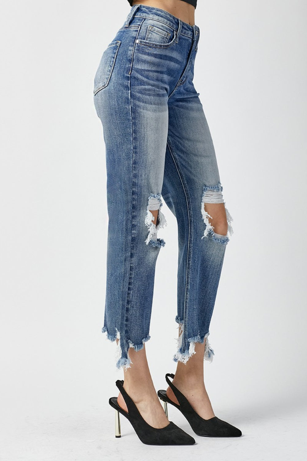 RISEN High Waist Distressed Frayed Hem Cropped Straight Jeans - AllIn Computer