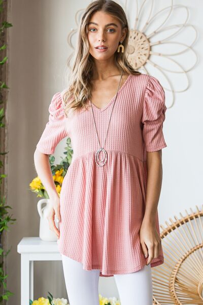 Heimish Full Size Waffle Knit V-Neck Babydoll Top - AllIn Computer