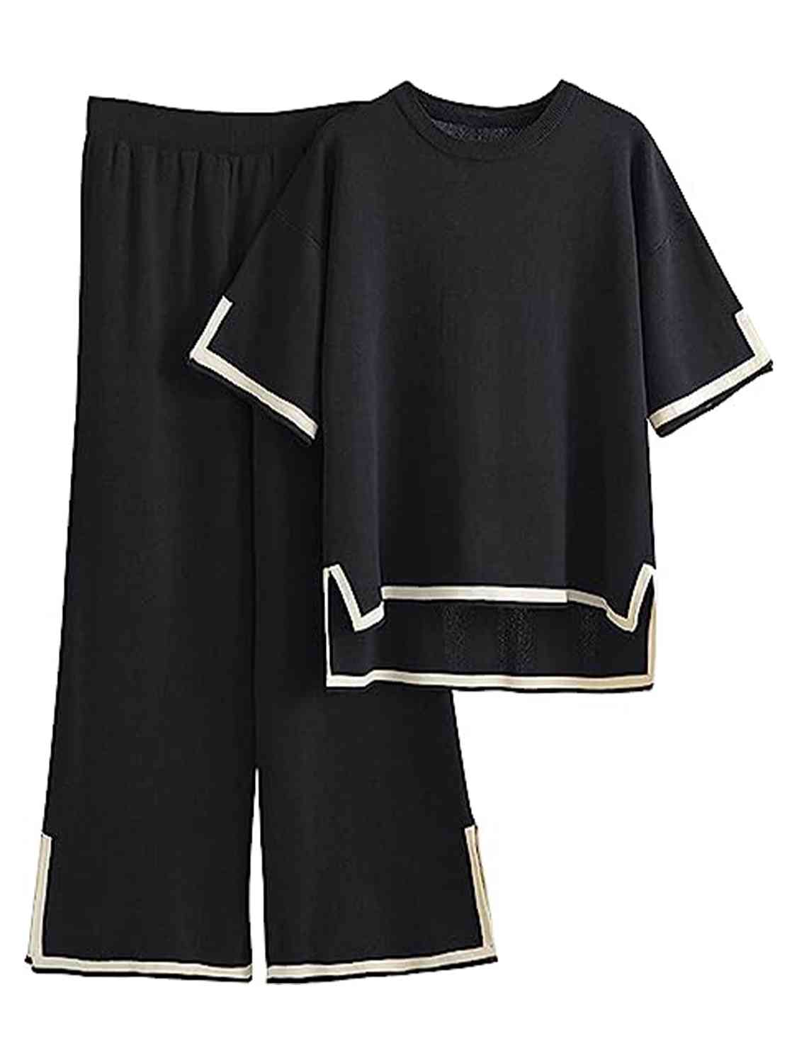 Contrast High-Low Sweater and Knit Pants Set - AllIn Computer