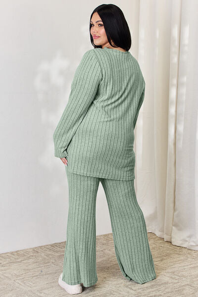 Basic Bae Full Size Ribbed High-Low Top and Wide Leg Pants Set - AllIn Computer