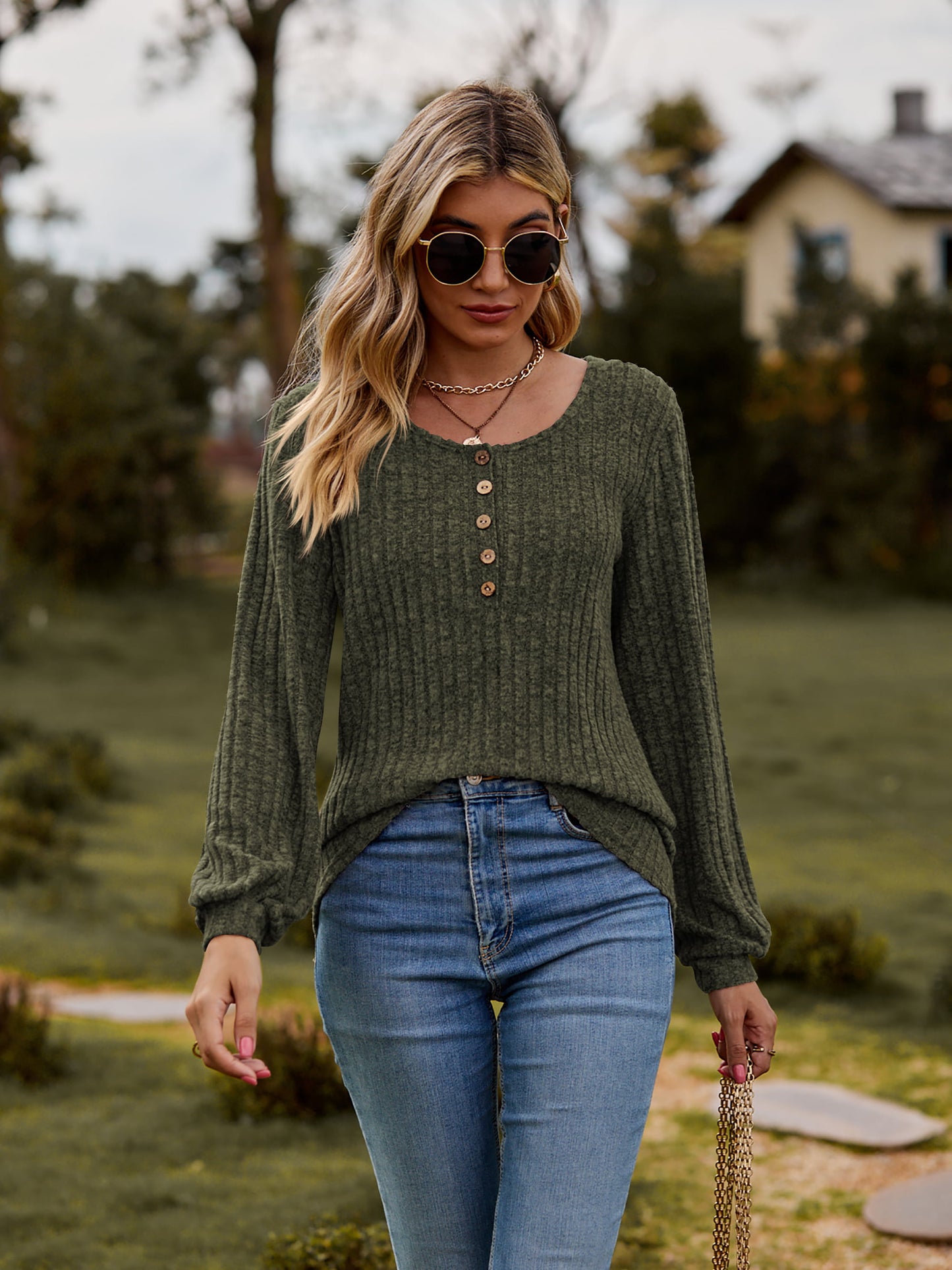 Round Neck Button-Down Long Sleeve Tee | CLOTHING,SHOES & ACCESSORIES | Lamy, Ship From Overseas, Shipping Delay 09/29/2023 - 10/02/2023, shirts, Shirts & Tops, t-shirts, tshirts, Women's Apparel, women's clothing, women's fashion | Trendsi