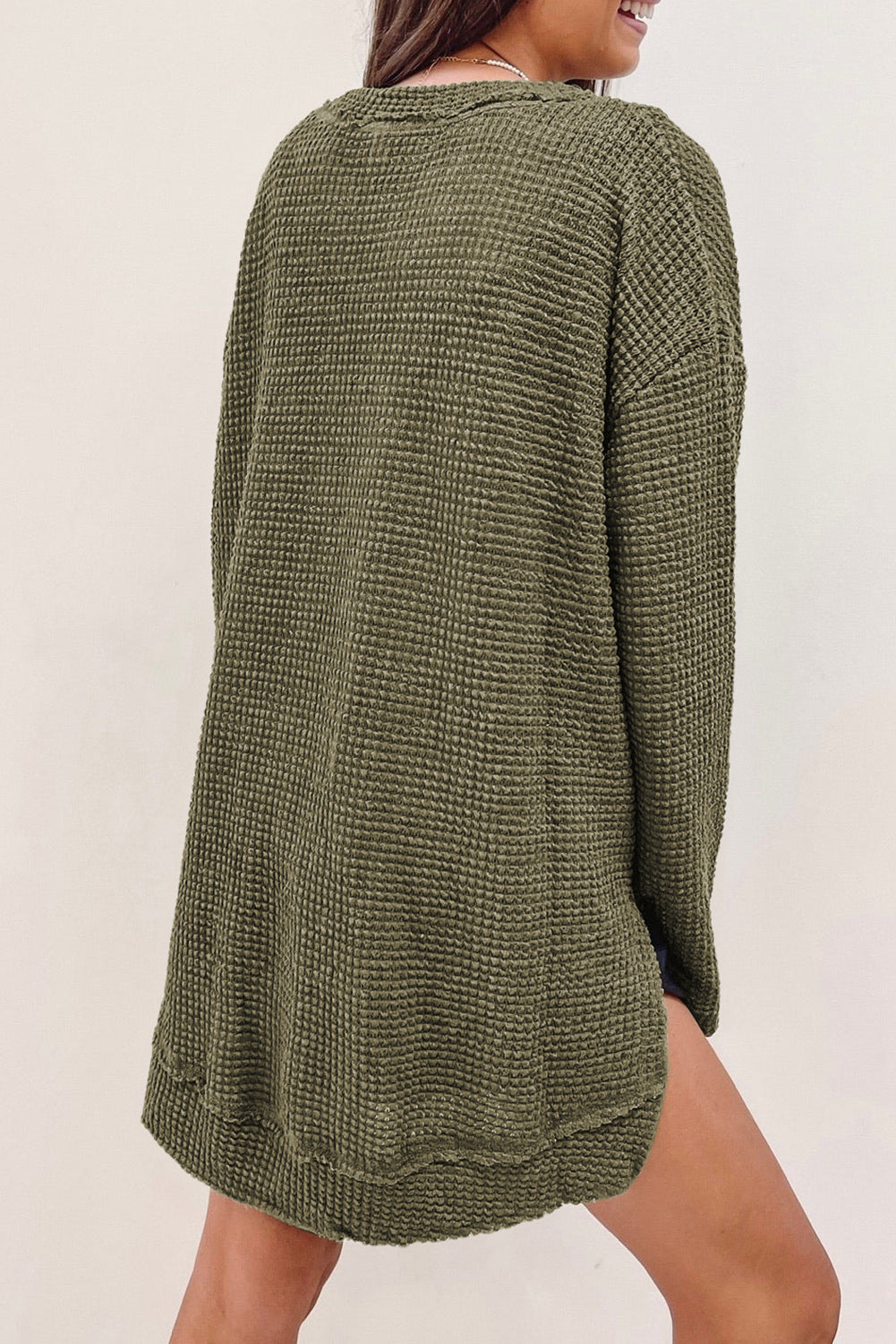 Waffle-Knit Round Neck Long Sleeve Sweatshirt - AllIn Computer