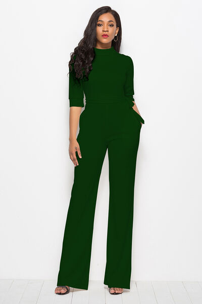 Mock Neck Tie-Waist Half Sleeve Jumpsuit - AllIn Computer