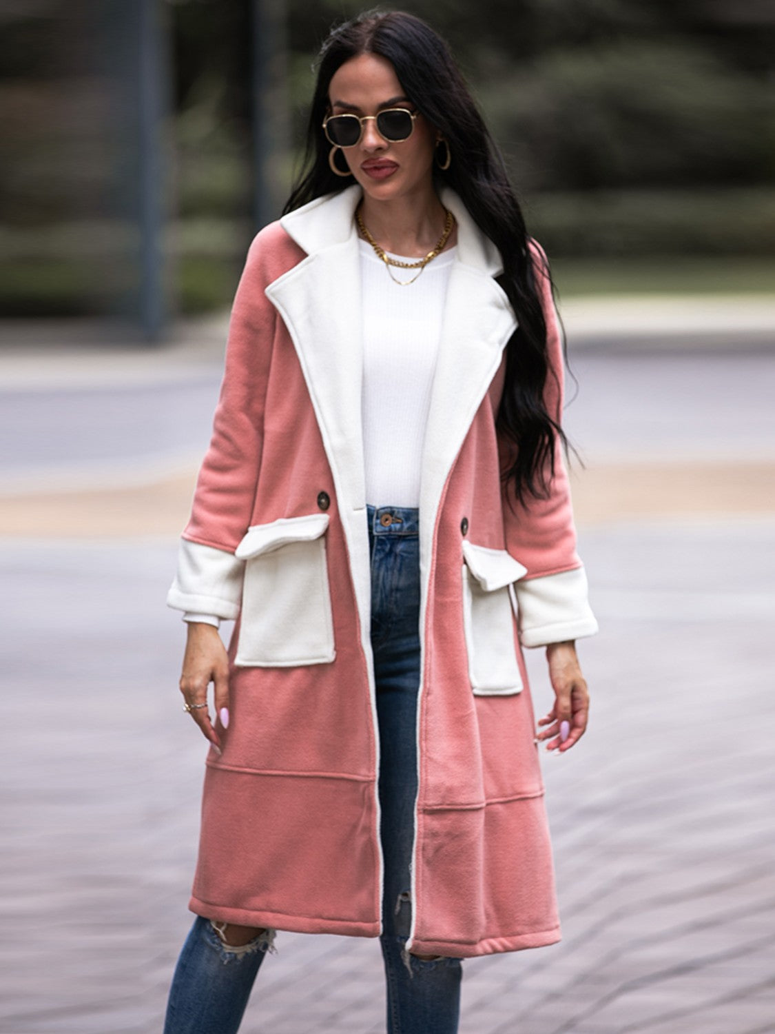 Contrast Lapel Collar Coat with Pockets - AllIn Computer