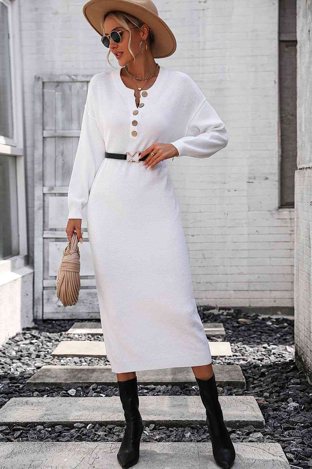 Notched Neck Dropped Shoulder Button-Down Midi Dress - AllIn Computer