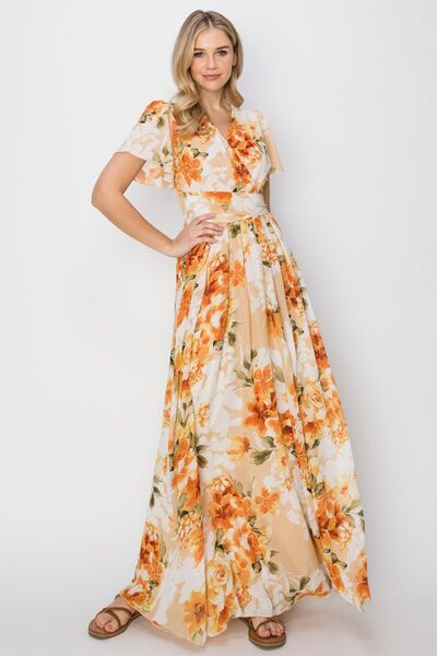 HYFVE Floral Tie Back Short Sleeve Slit Maxi Dress - AllIn Computer