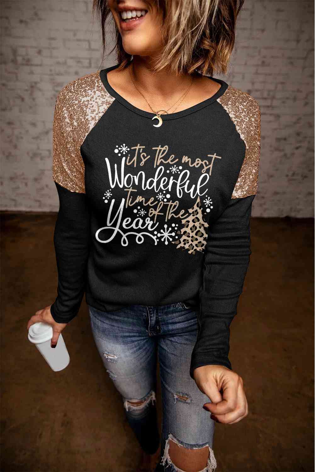 Sequin Slogan Graphic T-Shirt - AllIn Computer