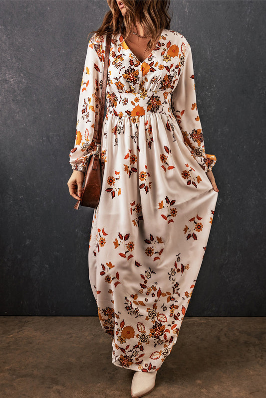Floral V-Neck Long Sleeve Maxi Dress - AllIn Computer