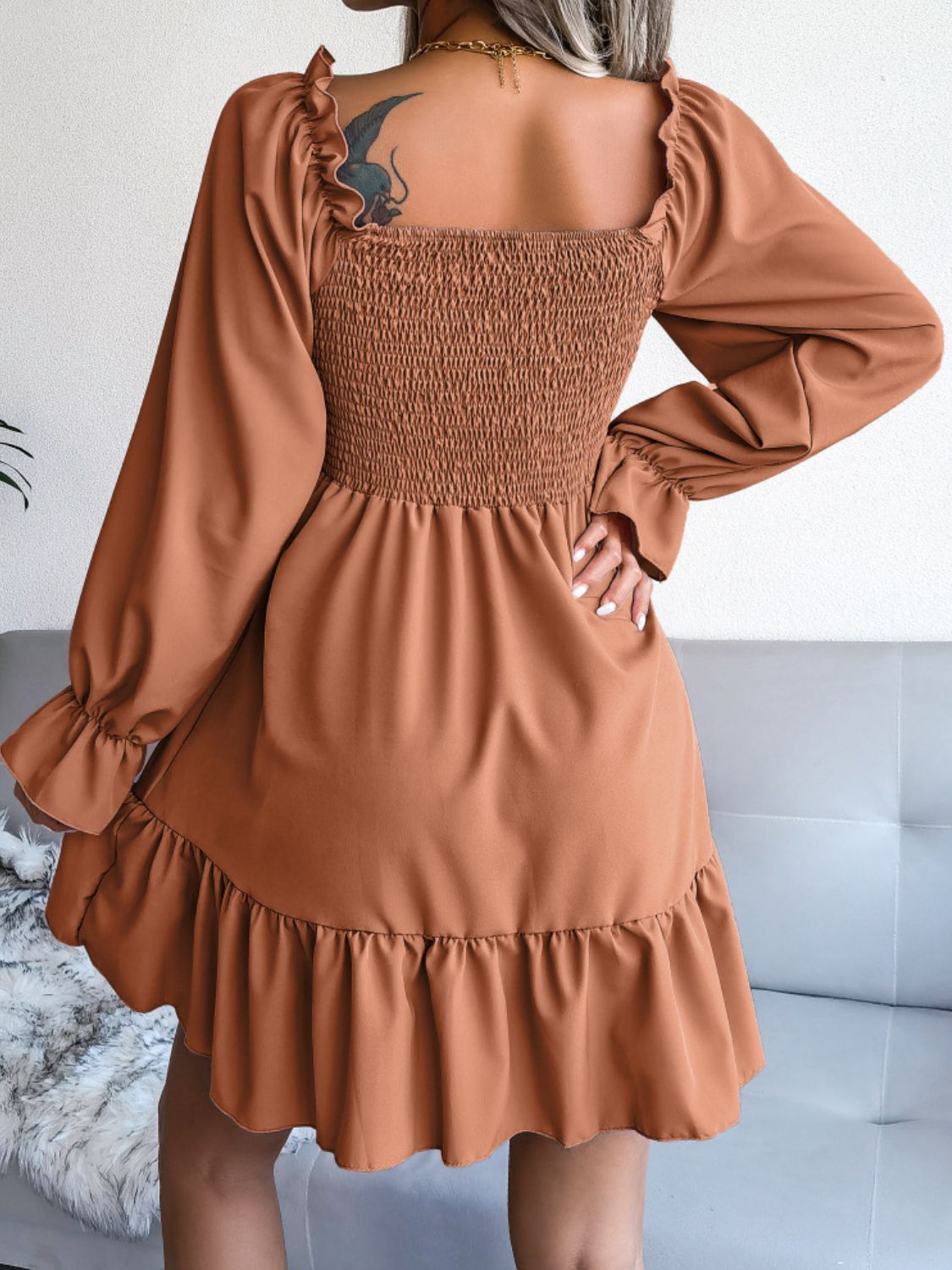 Smocked Flounce Sleeve Square Neck Dress - AllIn Computer