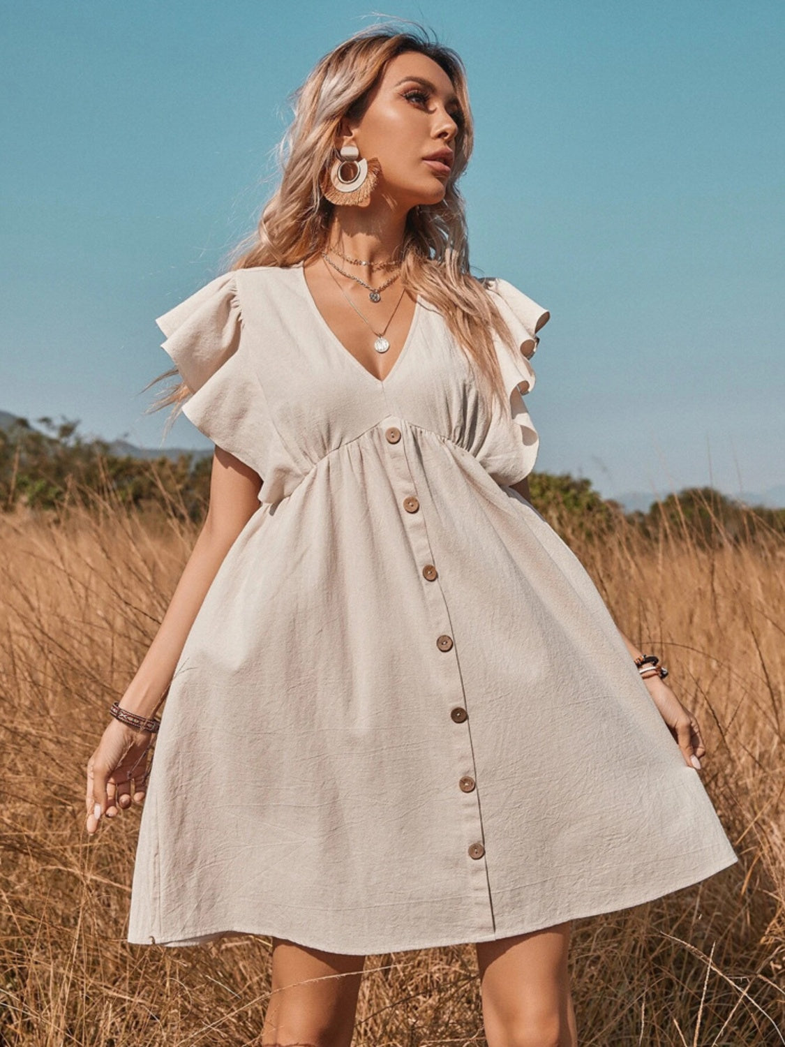 Ruffled Cap Sleeve V-Neck Mini Dress - AllIn Computer