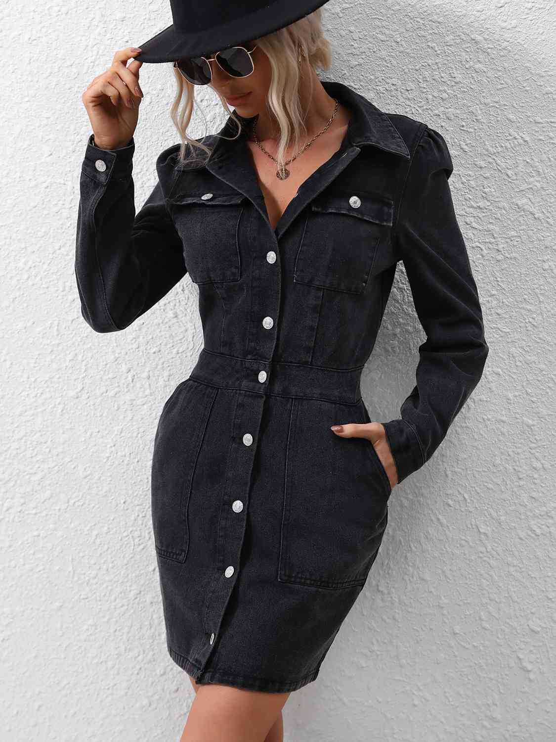 Button Down Denim Dress with Pockets - AllIn Computer