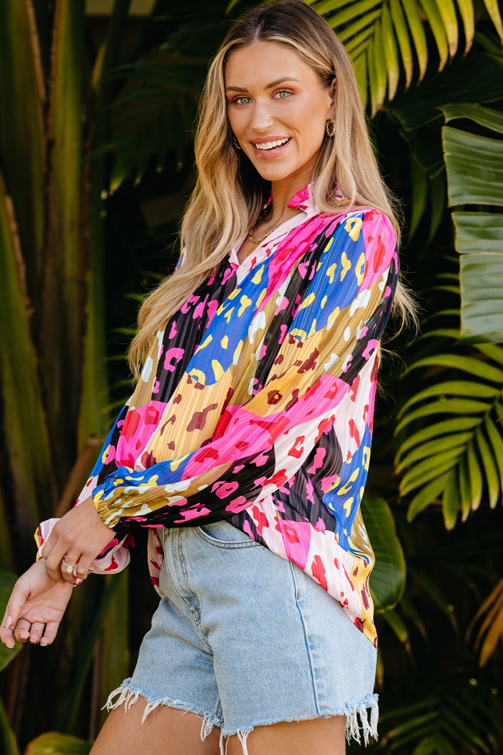 Printed Notched Long Sleeve Blouse - AllIn Computer