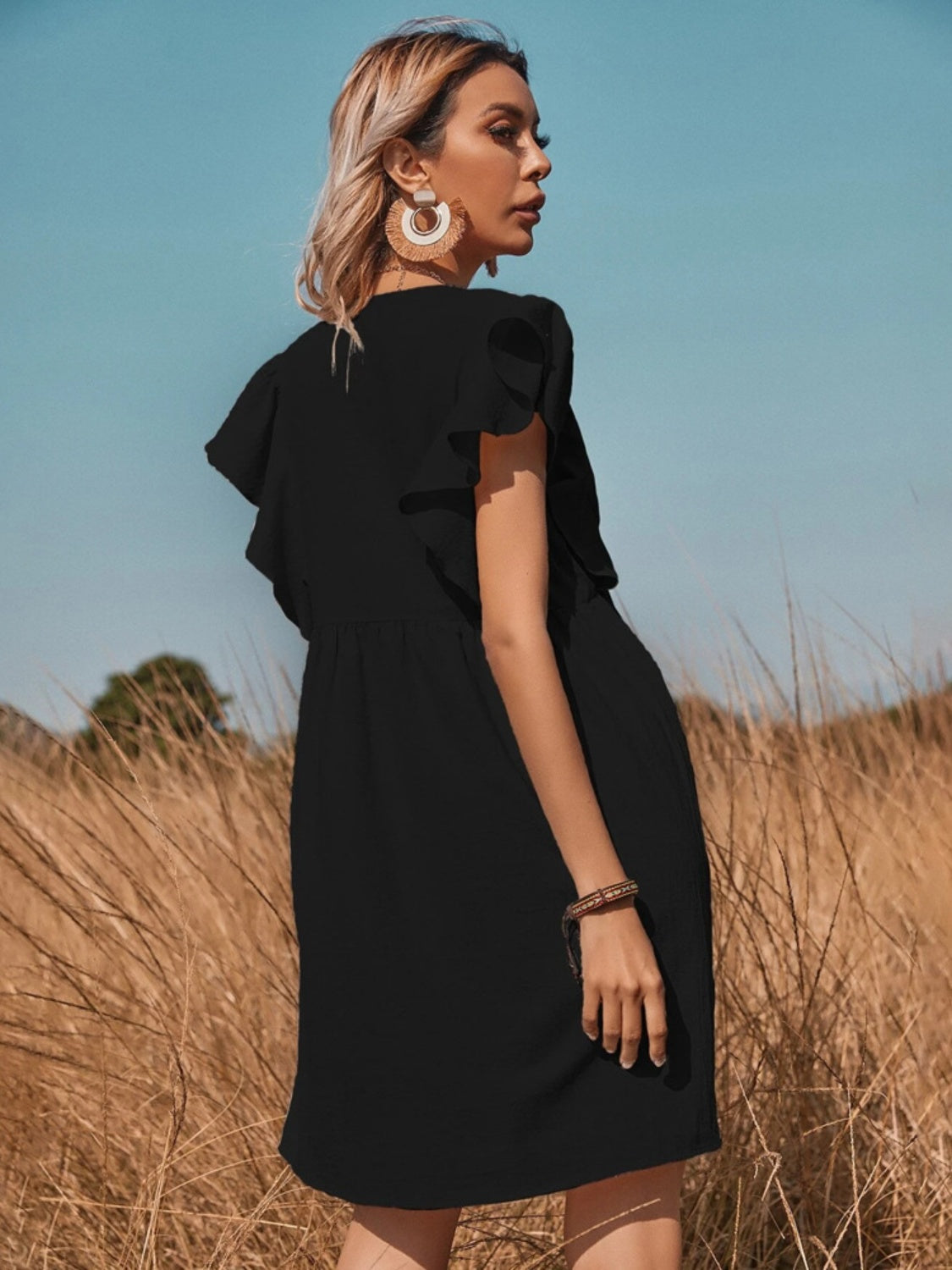 Ruffled Cap Sleeve V-Neck Mini Dress - AllIn Computer