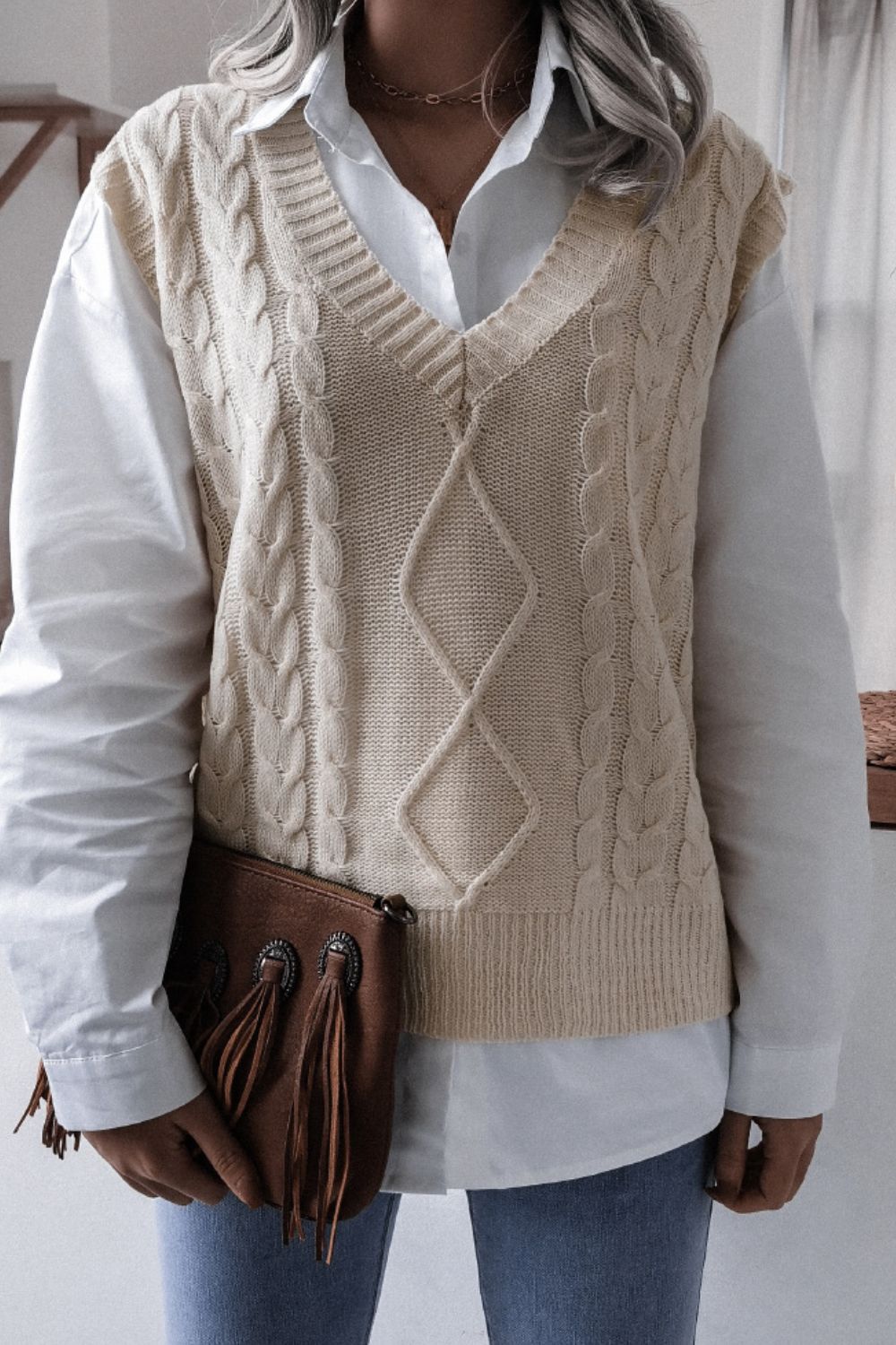 Cable-Knit Ribbed V-Neck Sweater Vest - AllIn Computer