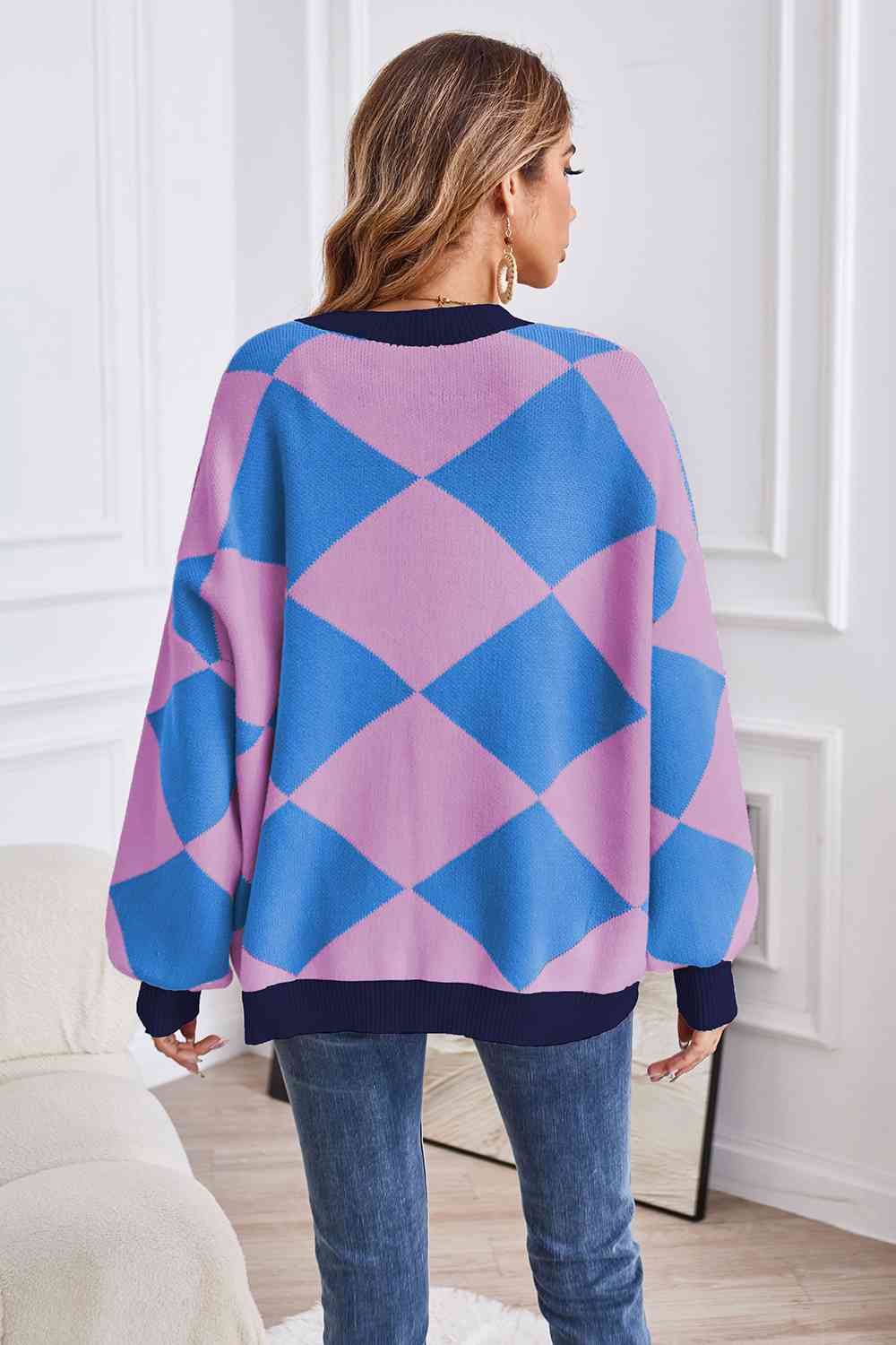 Geometric Lantern Sleeve Cardigan with Pockets - AllIn Computer