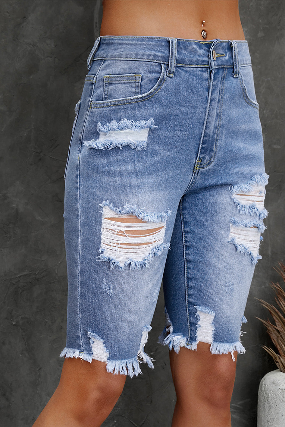 Distressed Frayed Hem Denim Bermuda Shorts - AllIn Computer