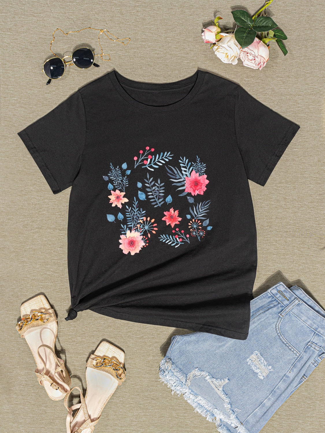 Flower Round Neck Short Sleeve T-Shirt - AllIn Computer