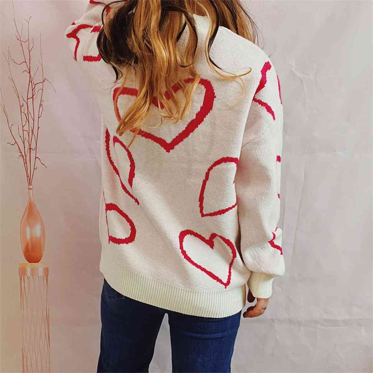 Heart Pattern Long Sleeve Sweater - AllIn Computer