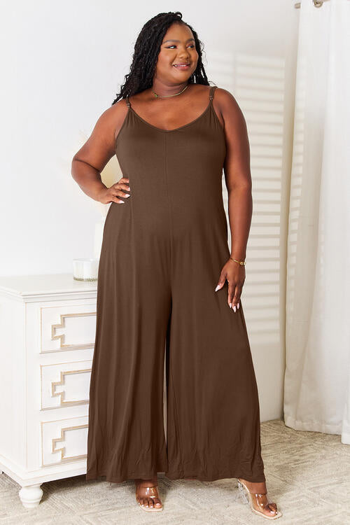 Double Take Full Size Soft Rayon Spaghetti Strap Tied Wide Leg Jumpsuit - AllIn Computer
