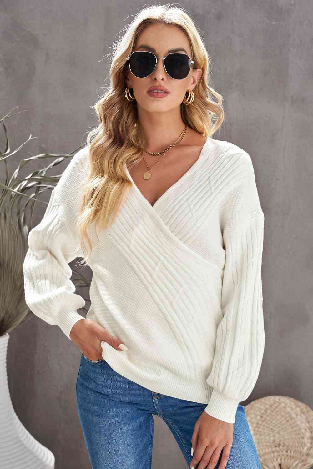 Double Take Ribbed Puff Sleeve Surplice Sweater - AllIn Computer