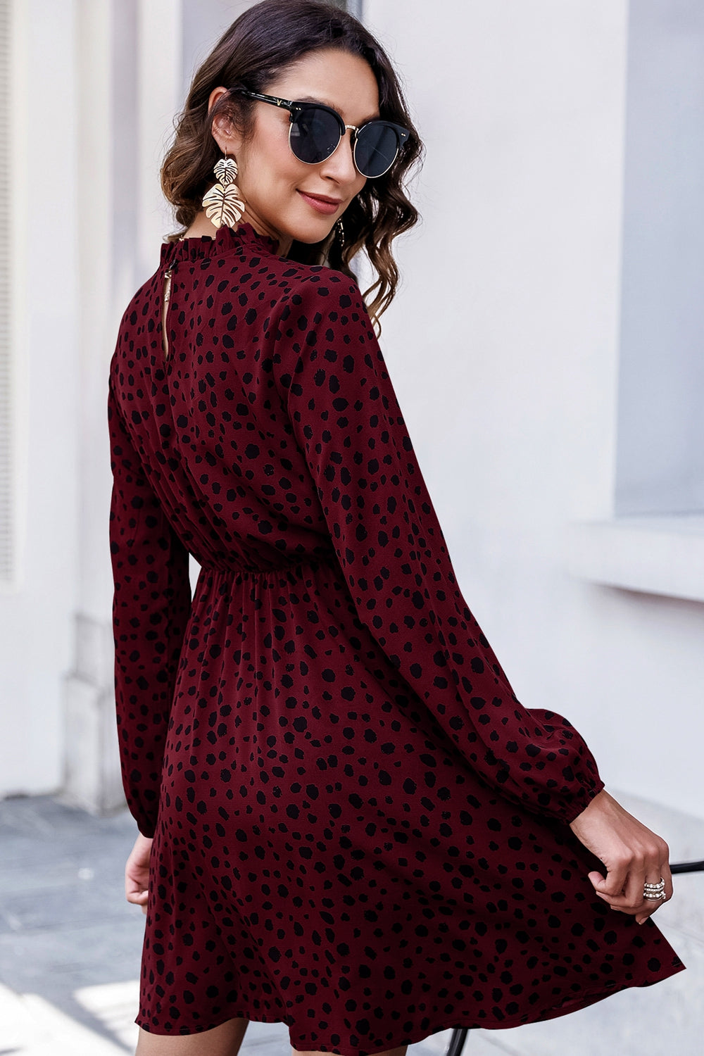 Printed Mock Neck Long Sleeve Midi Dress - AllIn Computer