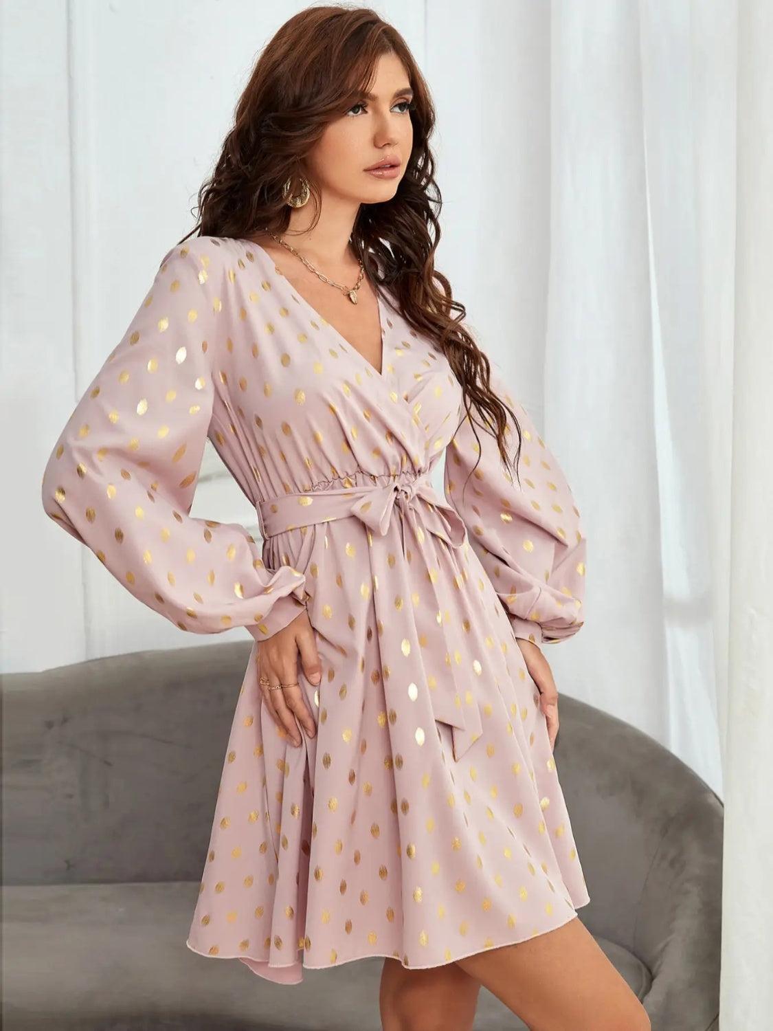 Tied Printed Surplice Long Sleeve Dress - AllIn Computer