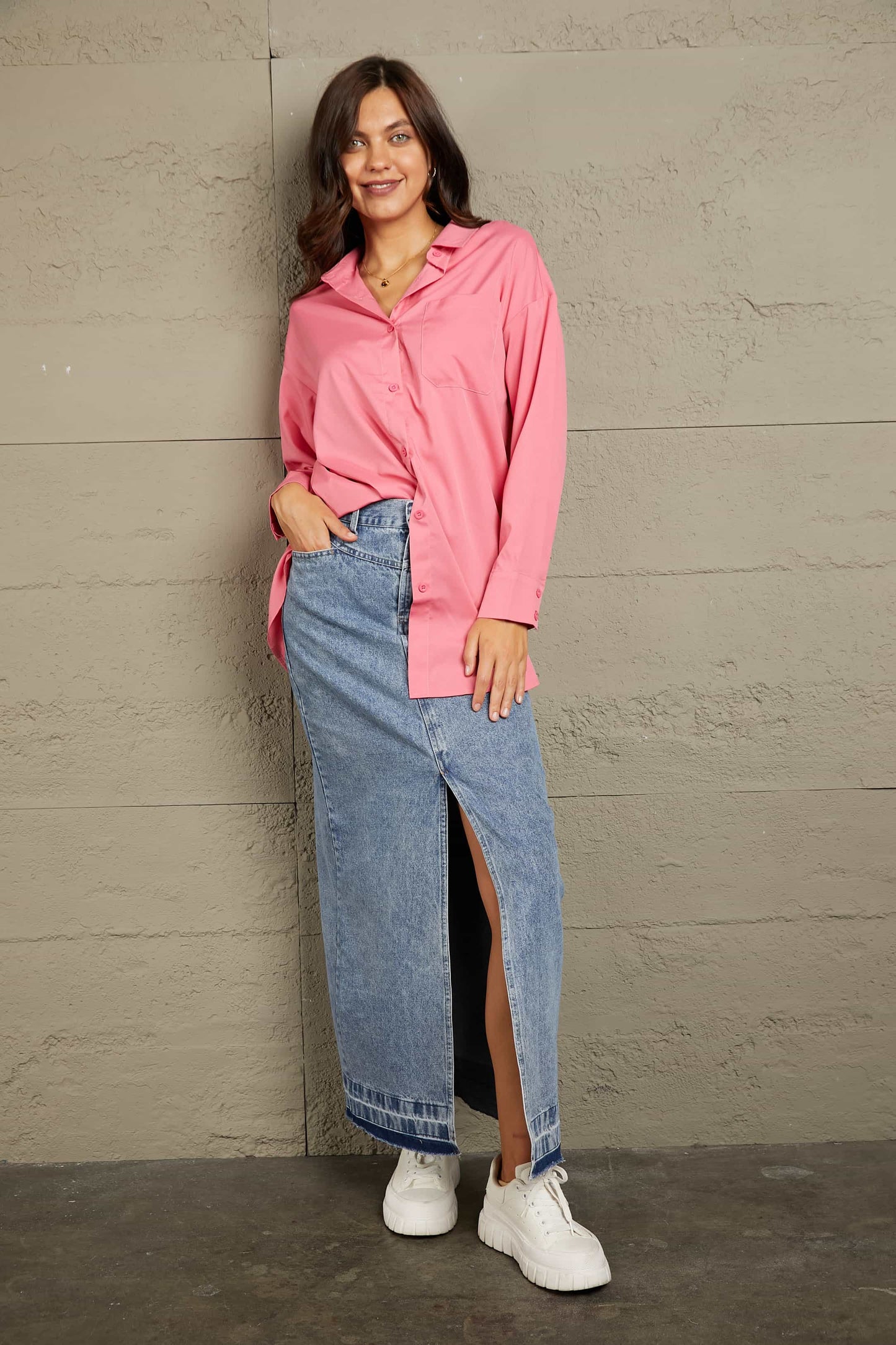 Double Take Dropped Shoulder Longline Shirt - AllIn Computer