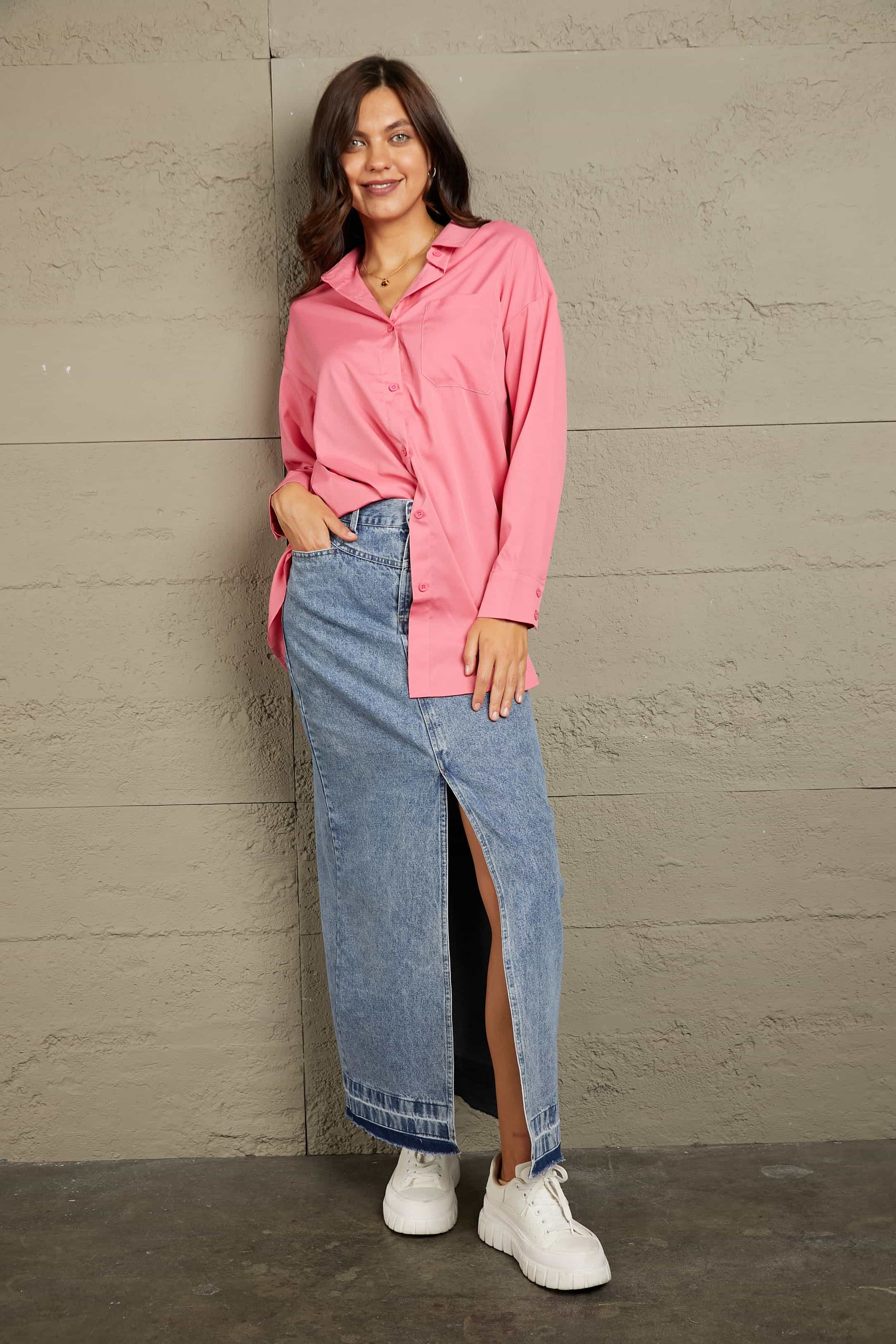 Double Take Dropped Shoulder Longline Shirt - AllIn Computer