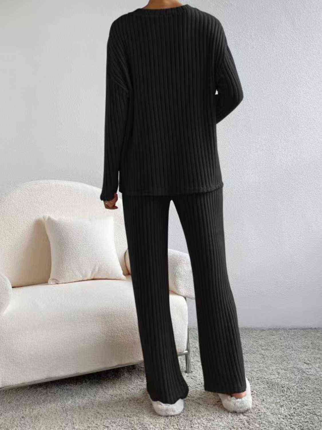 Ribbed V-Neck Long Sleeve Top and Pants Set - AllIn Computer