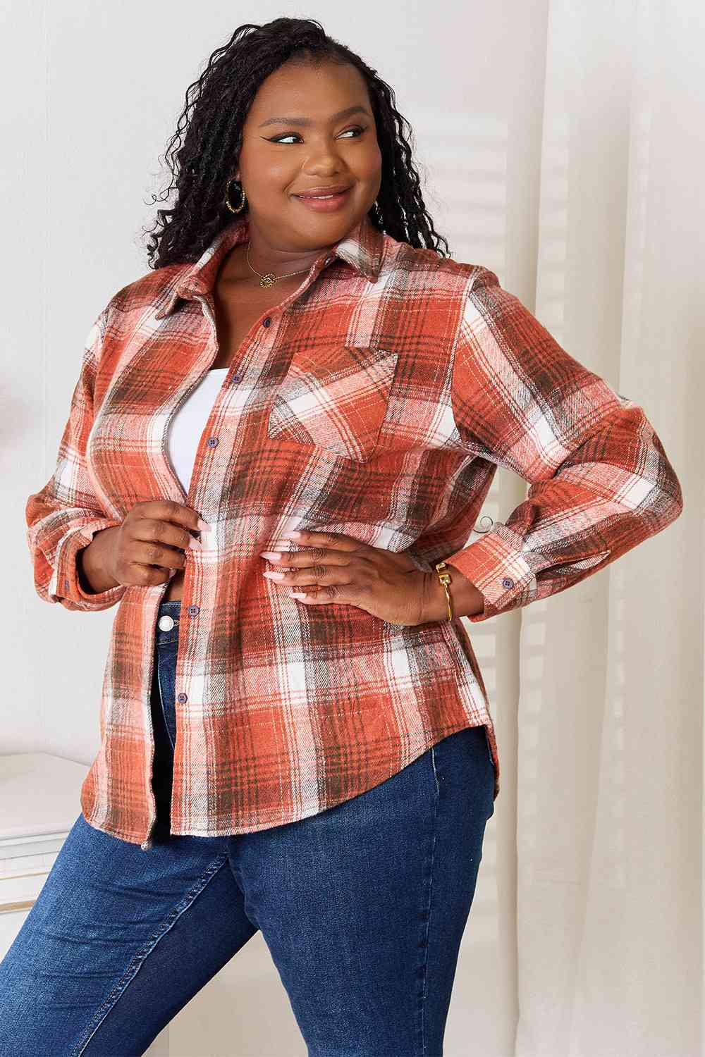 Double Take Plaid Collared Neck Long Sleeve Shirt - AllIn Computer