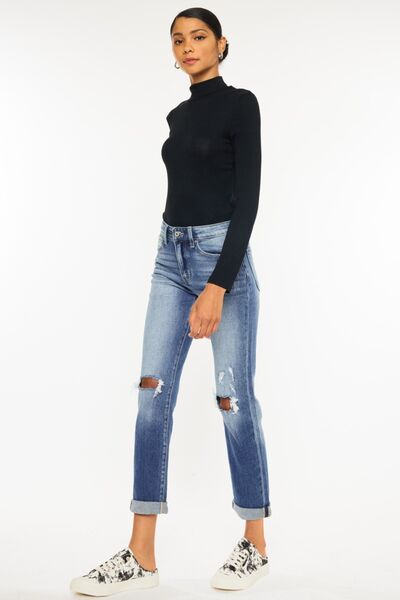 Kancan High Waist Distressed Hem Detail Cropped Straight Jeans - AllIn Computer