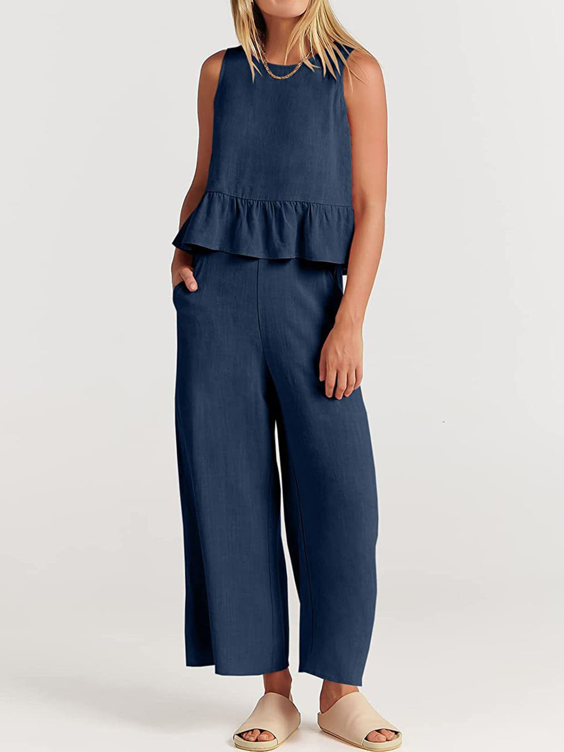 Full Size Round Neck Top and Wide Leg Pants Set - AllIn Computer