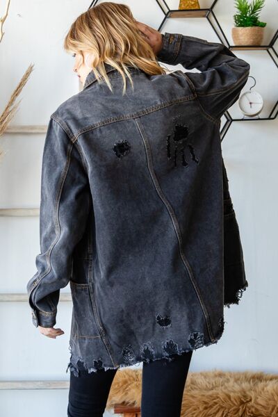 Veveret Button Up Distressed Frayed Hem Denim Jacket - AllIn Computer