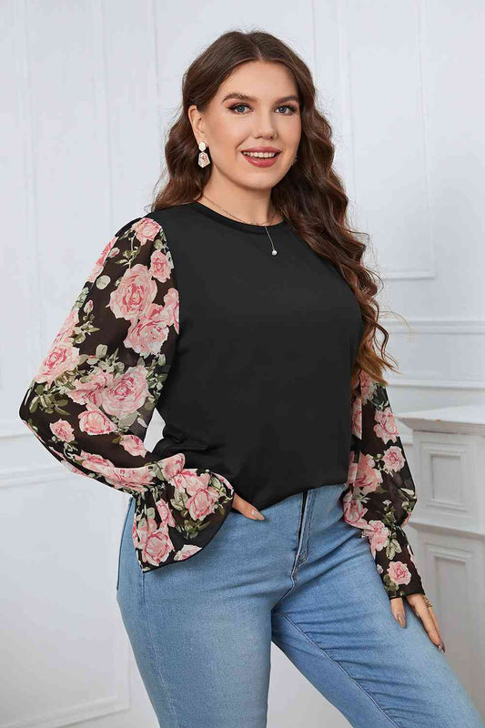 Plus Size Floral Flounce Sleeve Blouse - AllIn Computer