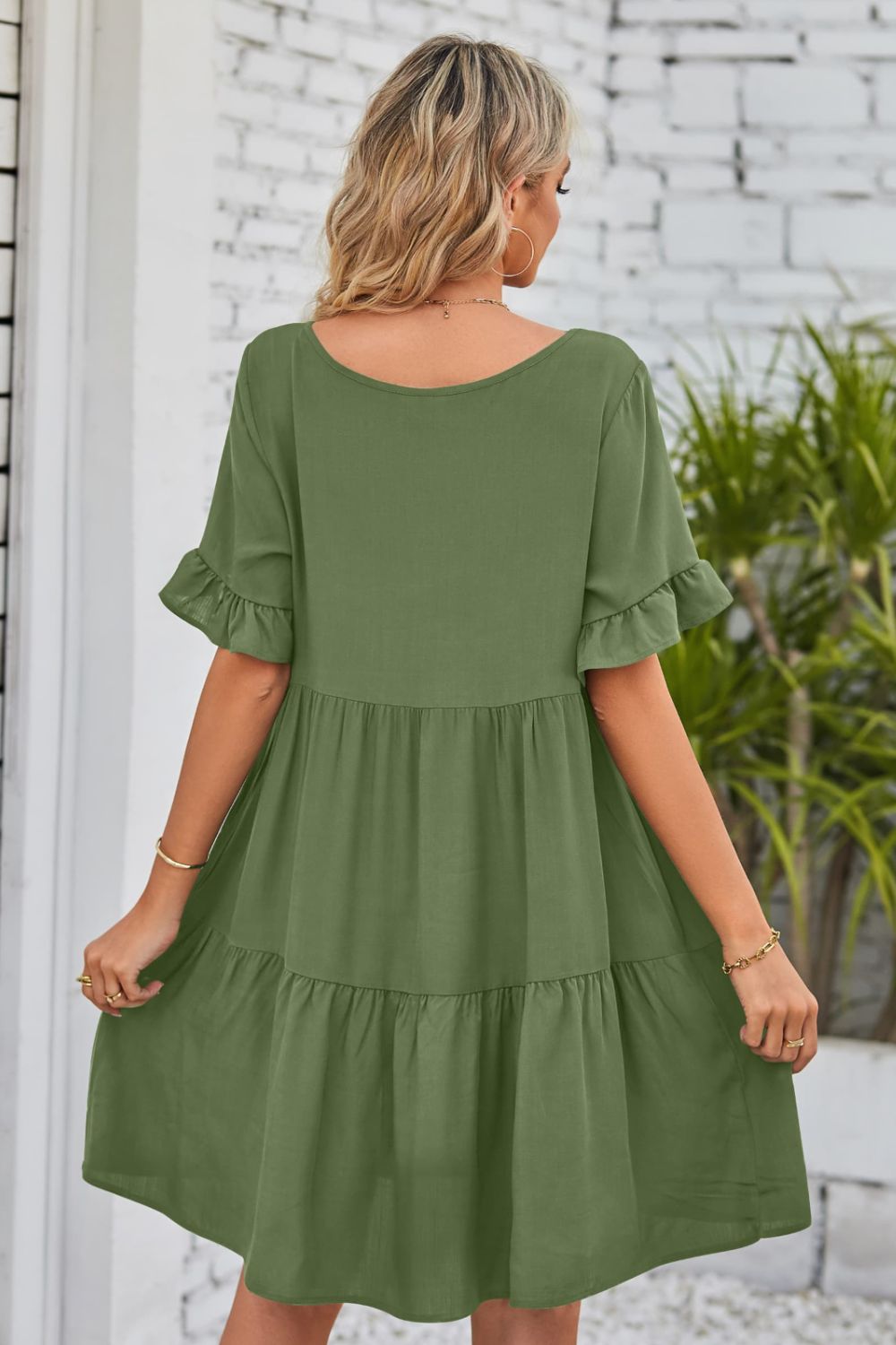 V-Neck Flounce Sleeve Tiered Dress - AllIn Computer