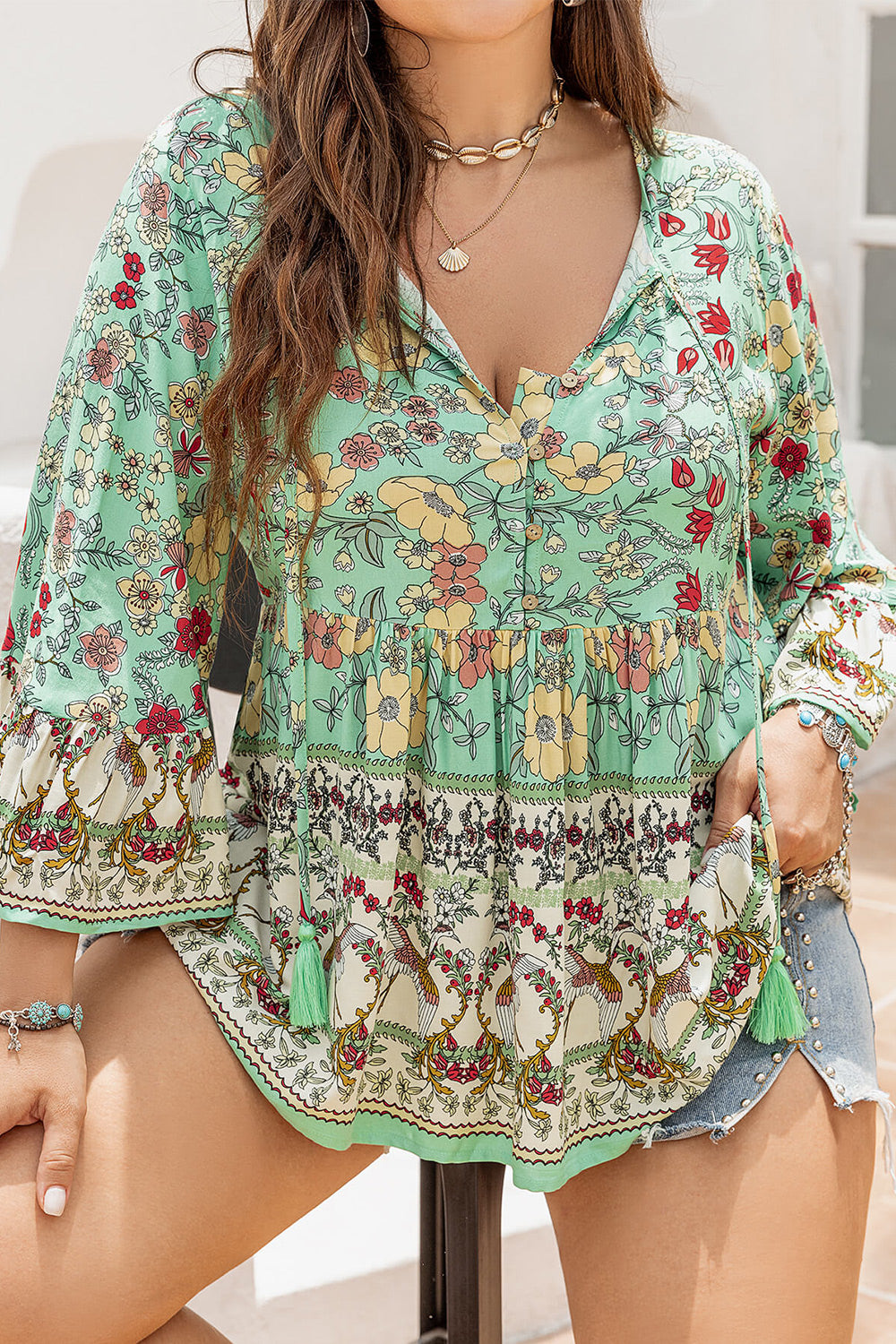Plus Size Floral Tassel Tie Blouse - AllIn Computer