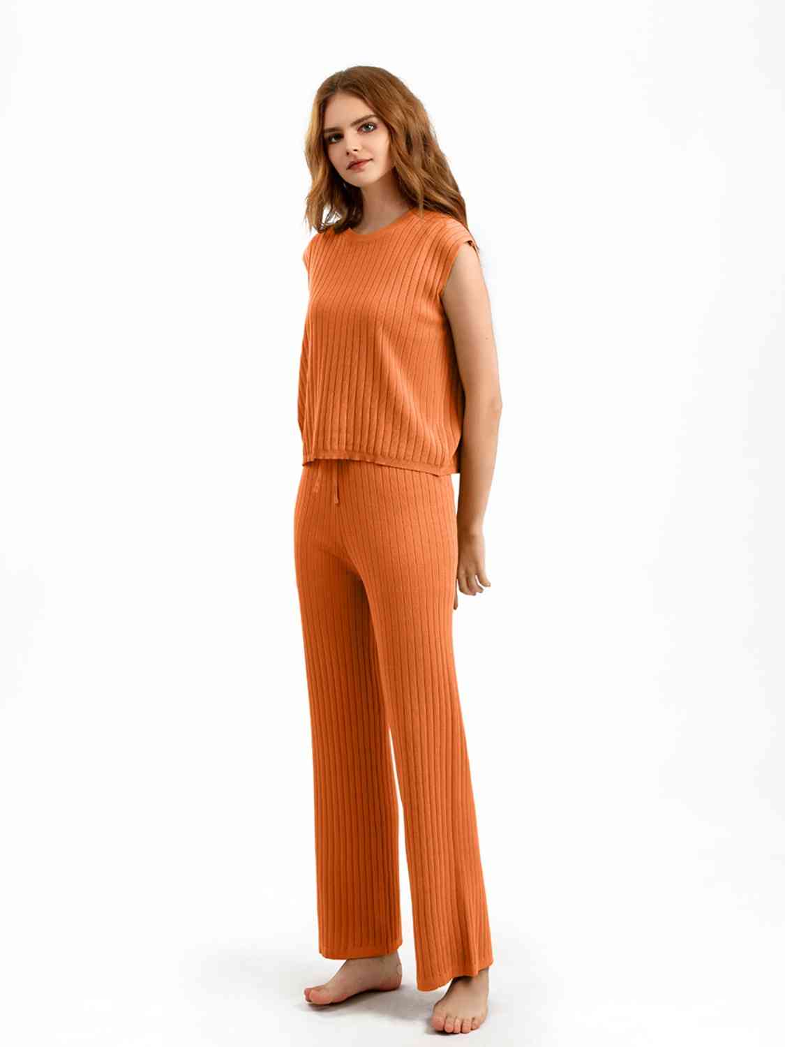 Ribbed Sweater Vest and Drawstring Knit Pants Set - AllIn Computer