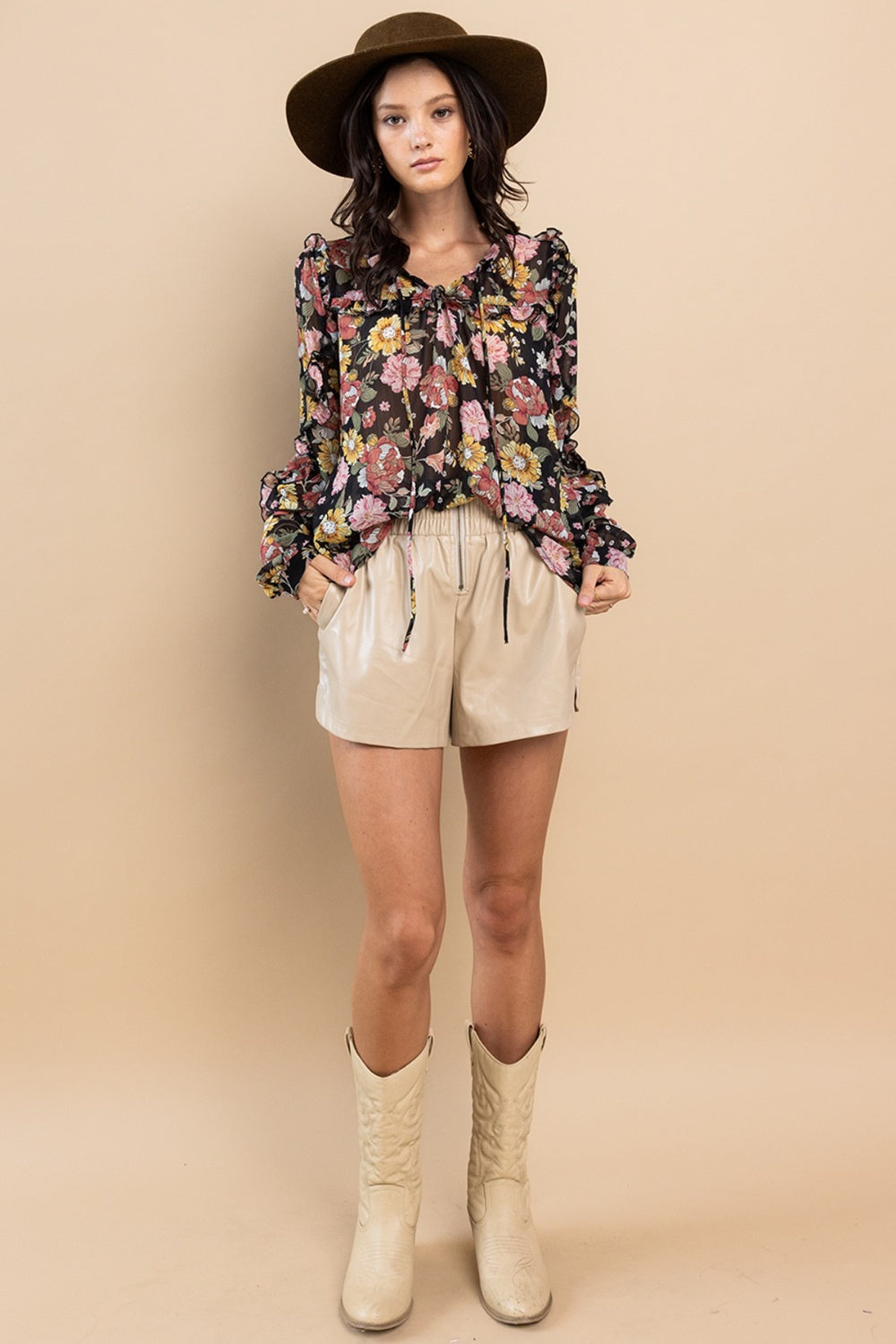 Ces Femme Ruffle Trim Long Sleeve Floral Blouse - AllIn Computer