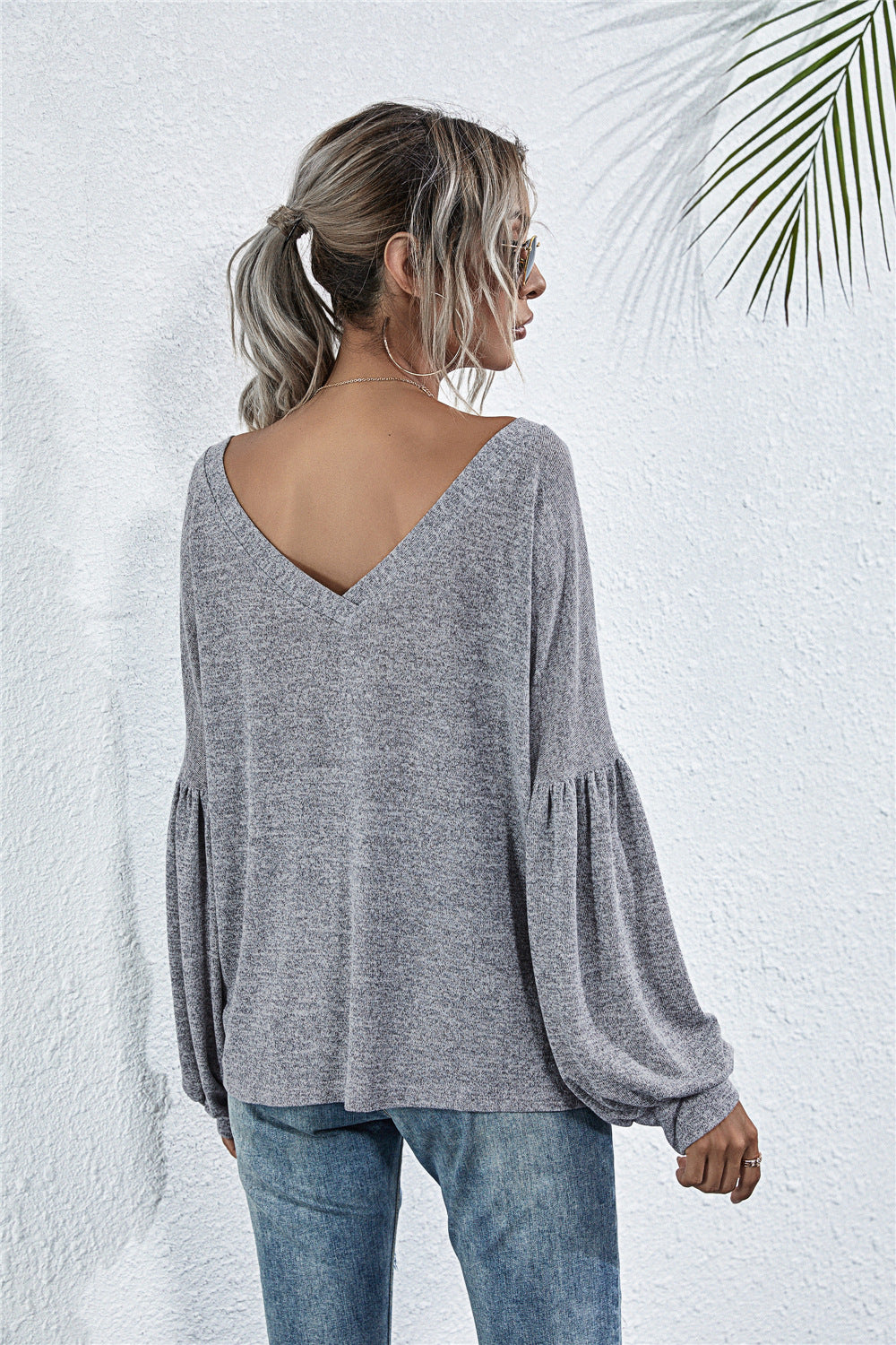 V-Neck Long Sleeve Dropped Shoulder Knit Top - AllIn Computer