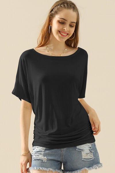 Ninexis Boat Neck Short Sleeve Ruched Side Top - AllIn Computer