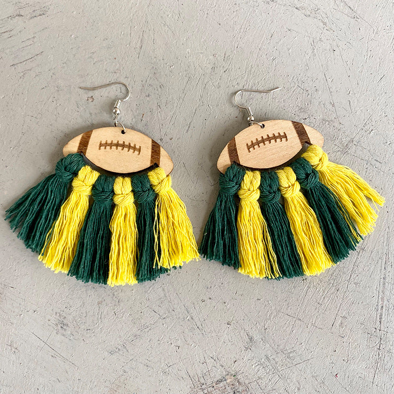 Fringe Detail Football Shape Wooden Dangle Earrings - AllIn Computer