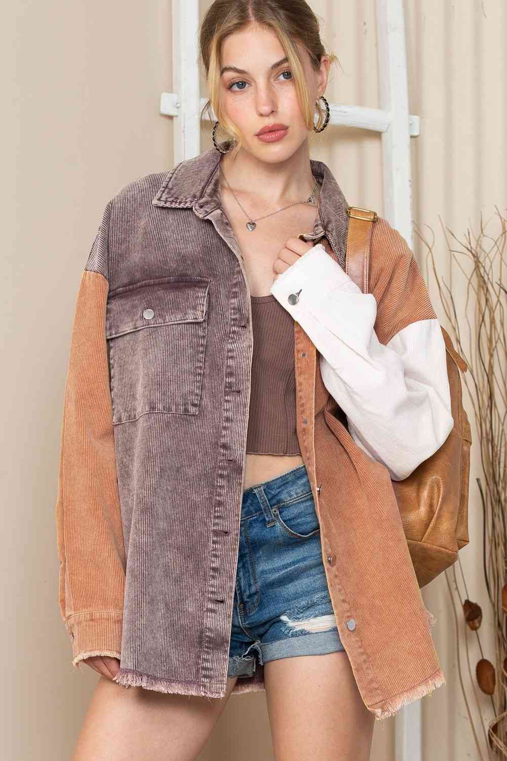 Color Block Collared Neck Jacket - AllIn Computer