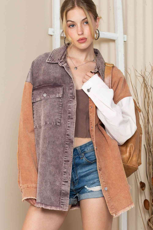 Color Block Collared Neck Jacket - AllIn Computer