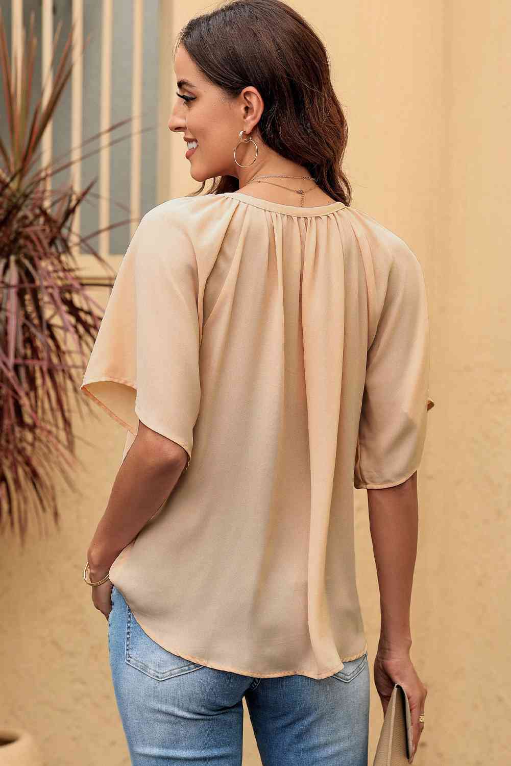 Gathered Detail Notched Neck Flutter Sleeve Top - AllIn Computer