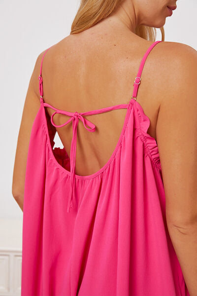 Full Size Ruffle Trim Tie Back Cami Jumpsuit with Pockets - AllIn Computer