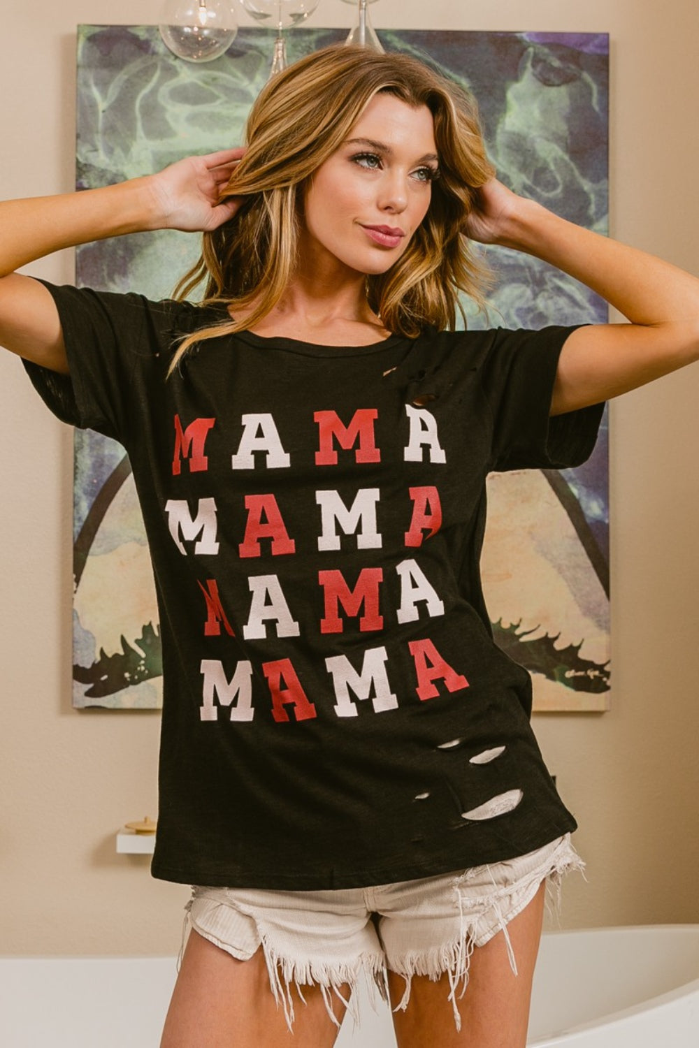 BiBi MAMA Graphic Distressed Short Sleeve T-Shirt - AllIn Computer