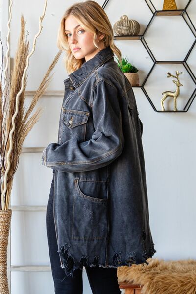Veveret Button Up Distressed Frayed Hem Denim Jacket - AllIn Computer