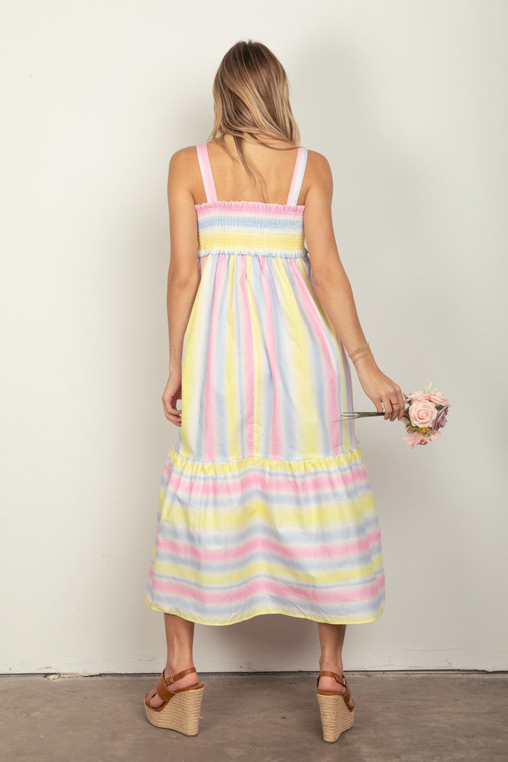 VERY J Striped Woven Smocked Midi Cami Dress - AllIn Computer